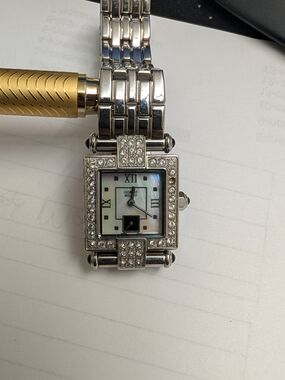 Mother-of-Pearl Silver-Tone Women's Square Crystal Watch